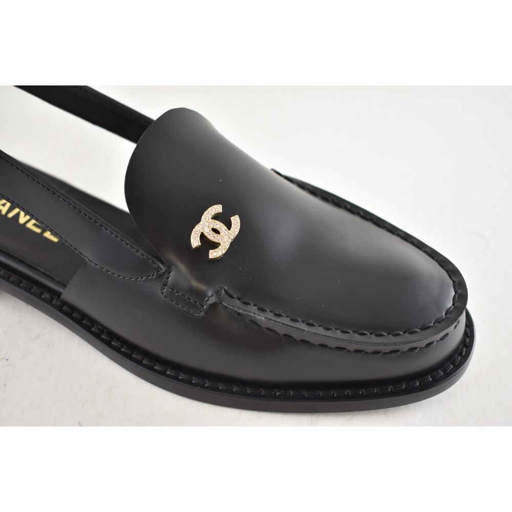Chanel REV Black Leather CC Crystal Logo Coco Sling Slingback Ballet Flat 40 - Picture 5 of 16